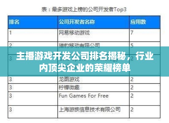 主播游戲開發(fā)公司排名揭秘，行業(yè)內(nèi)頂尖企業(yè)的榮耀榜單